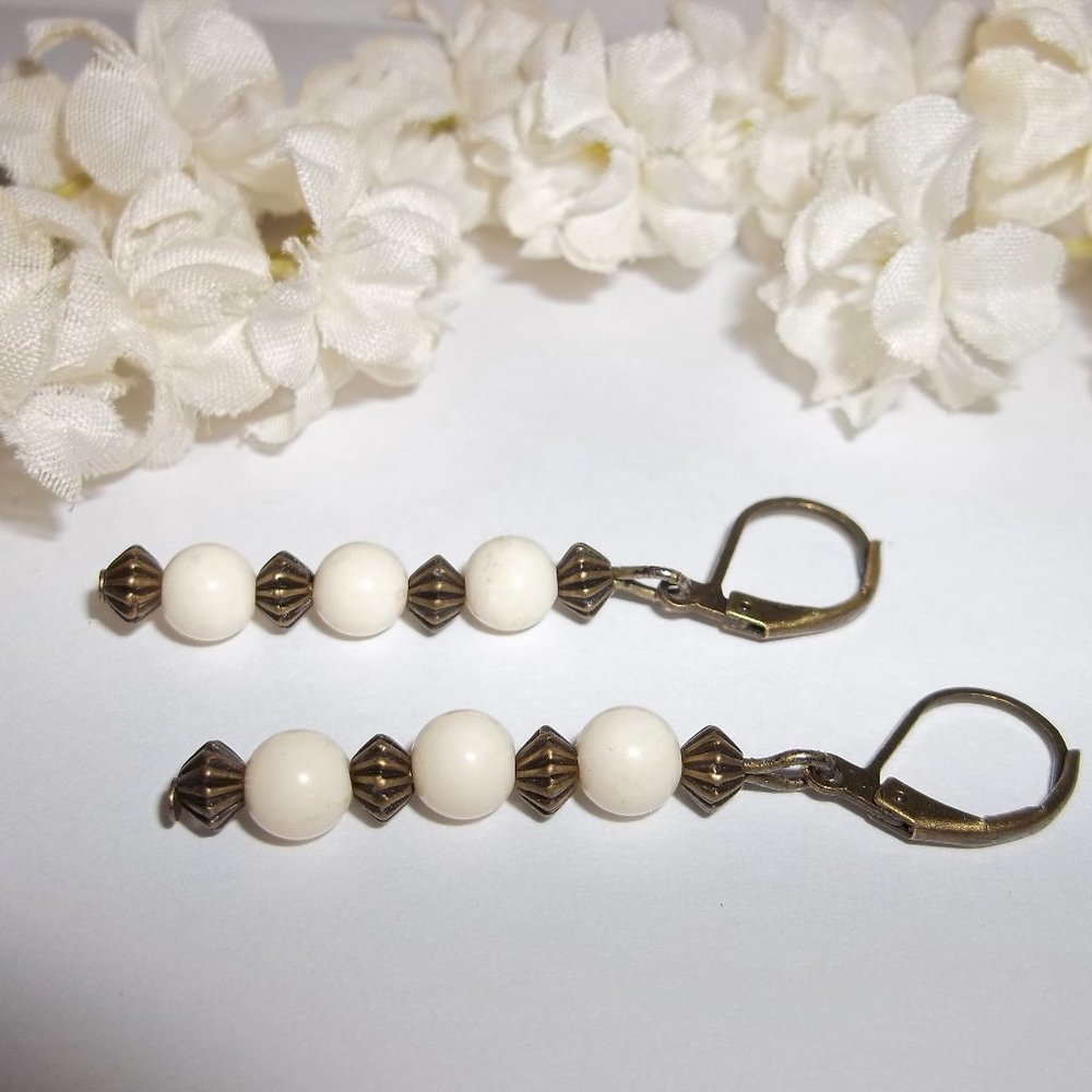 Cream and Bronze Boho Earrings Rustic Style 5135 - Picture 4 of 8